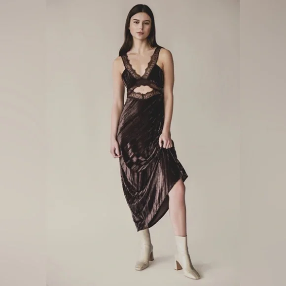 Zara Brown Velvet Lace-Trim Slip Dress - Picture 4 of 12